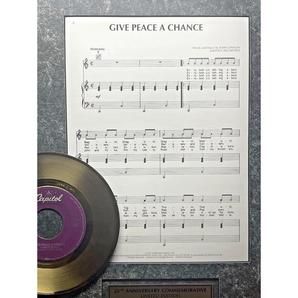 1995 JOHN LENNON PLASTIC ONO BAND GIVE PEACE A CHANCE 24K GOLD LTD ED 1599/5000 - Picture 2 of 11